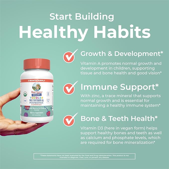 MaryRuth Organics Toddler Multivitamin Gummies + Postbiotics | USDA Organic | Vitamins for Kids Ages 2+ | Immune Support | Vitamin C | Vitamin D3 | Vitamin A | Zinc | Vegan | Non-GMO | 60 Servings