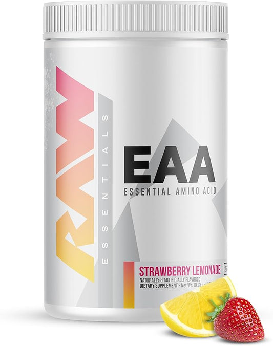 RAW EAA Amino Acids Powder, Strawberry Lemonade (25 Servings) - Pre Workout Amino Energy Powder for Strength, Endurance, Recovery & Lean Muscle Growth - BCAA Amino Acids Supplement for Men & Women
