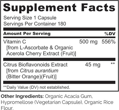 NATURELO Vitamin C with Organic Acerola Cherry Extract and Citrus Bioflavonoids - Vegan Supplement - Immune Support - 500 mg VIT C per Cap - Non-GMO - 180 Capsules
