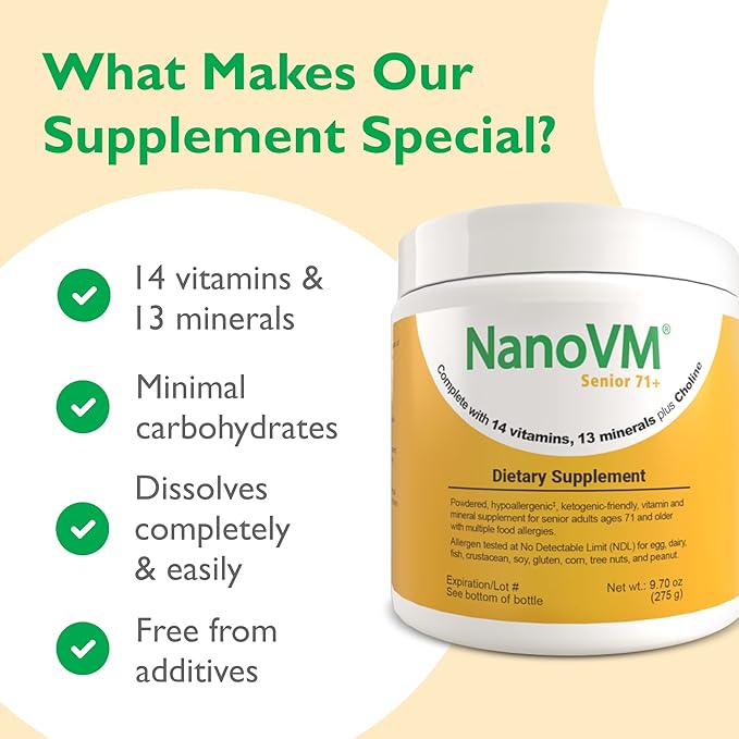 Senior 71+, Allergen-Free Vitamin Supplements, Unflavored Multivitamin Powder with 14 Vitamins & 13 Minerals, Low-Carbohydrate Mineral Supplements, 275g - Solace Nutrition