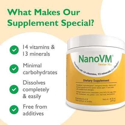 Senior 71+, Allergen-Free Vitamin Supplements, Unflavored Multivitamin Powder with 14 Vitamins & 13 Minerals, Low-Carbohydrate Mineral Supplements, 275g - Solace Nutrition