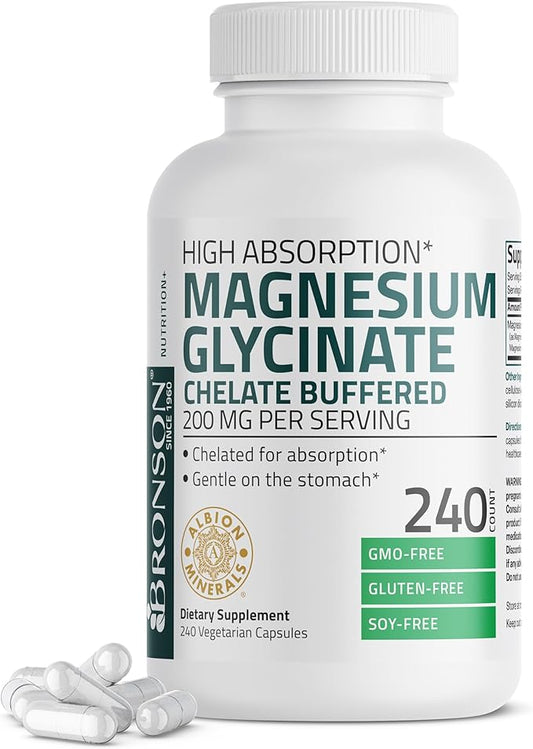 Bronson Magnesium Glycinate 200 MG per Serving Chelated for High Absorption, Gentle On Stomach, Non-GMO, 240 Vegetarian Capsules
