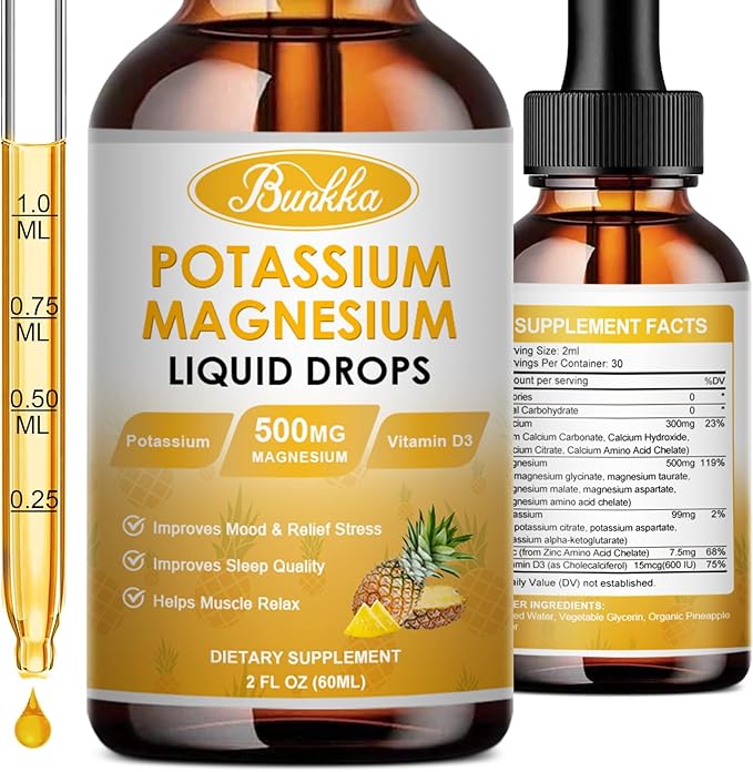 Potassium Magnesium Supplement, 99mg Potassium Supplement with Magnesium, Calcium, Vitamin D3, Zinc, Sugar Free & Vegan Liquid Drops Supplement for Leg Cramps, Energy, Metabolism, for Adult and Kid