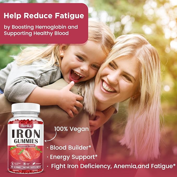 Iron Gummies Supplement for Women & Men, Kids Iron Supplements for Anemia with Vitamin C, B12, Folate - Blood Builder & Energy Support for Iron Deficiency - Sugar Free Strawberry Flavor, 60 Gummies