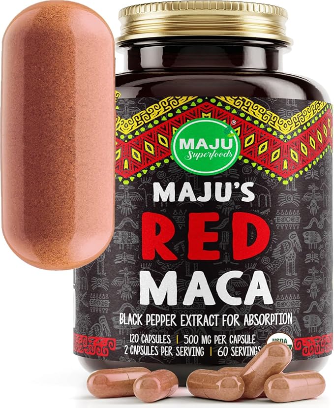 MAJU Organic Red Maca Root Capsules 120ct - Women Focused Curve Enhancement Nutrition Booster Pills, Gain for Thighs, Powder in Pill Supplement Qty 1