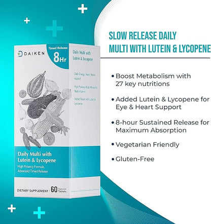 DAIKEN Lutein Multivitamin with Lycopene, Time Released Multivitamin for Women & Men, 27 Full Spectrum Vegan Multivitamin, Mini & Easy to Swallow, 60 Tablets (Pack of 2)