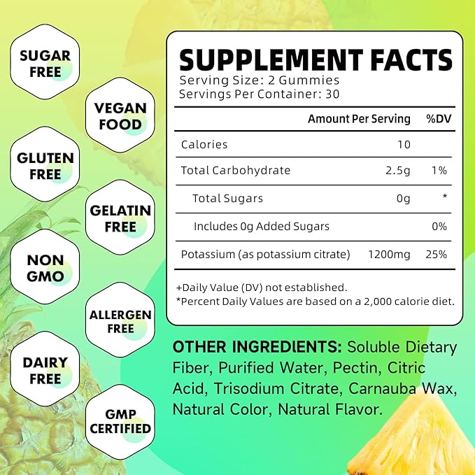 Potassium Citrate Gummies, High Potassium Supplement Gummies 1200mg Support Leg Cramps & Muscle Health, Potassium Gummies for Adults & Kids, Vegan, Pineapple Flavor 120 Count