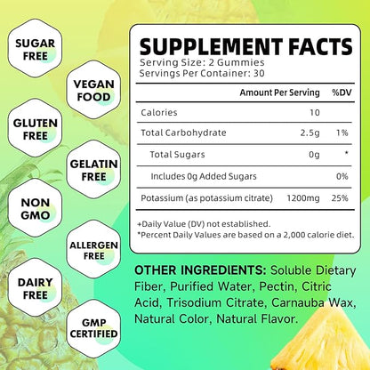 Potassium Citrate Gummies, High Potassium Supplement Gummies 1200mg Support Leg Cramps & Muscle Health, Potassium Gummies for Adults & Kids, Vegan, Pineapple Flavor 120 Count