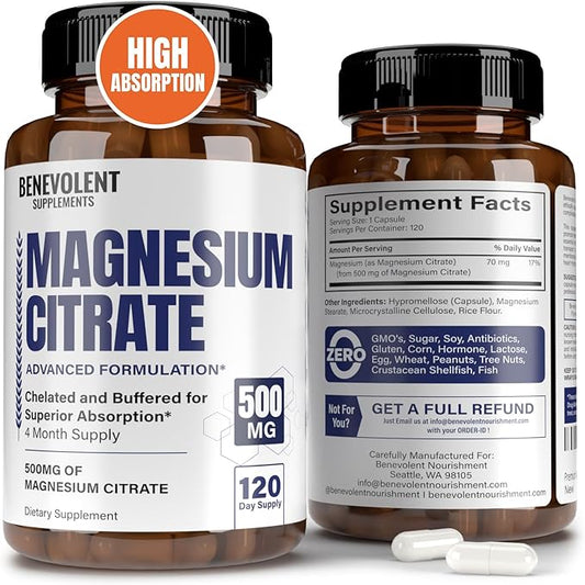 Premium Magnesium Citrate 500mg Capsules (Citrato de Magnesio) High Absorption Formula Chelated Buffered Citrate to Support Digestion, Bone, Sleep & Muscle Health - 120 Capsules