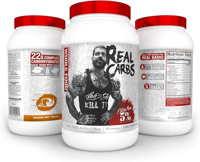Rich Piana 5% Nutrition Real Carbs with Real Food Complex Carbohydrates, Long-Lasting Low Glycemic Energy for Pre-Workout/Post-Workout Recovery Meal, 2.7 Lb, 40 Servings (Banana Nut Bread)