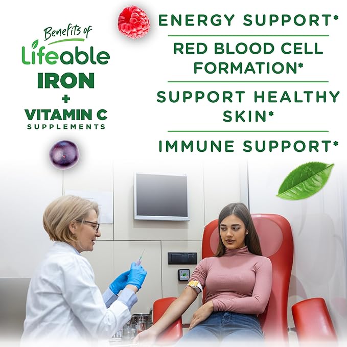 Lifeable Iron Gummies | 20mg | with Vitamin C | Great Tasting Blood Builder Iron Supplement | Iron with Vitamin C for Iron Deficiency | Iron Gummies for Women, Men, Adults | 90 Gummies