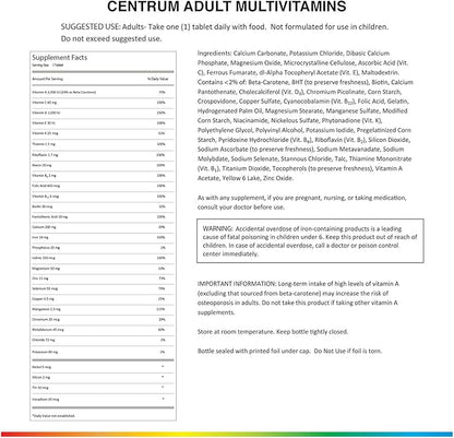 Centrum Adult Multivitamin/Multimineral Supplement with Antioxidants, Zinc, Vitamin D3 and B Vitamins, Gluten Free, Non-GMO Ingredients - 200 Count