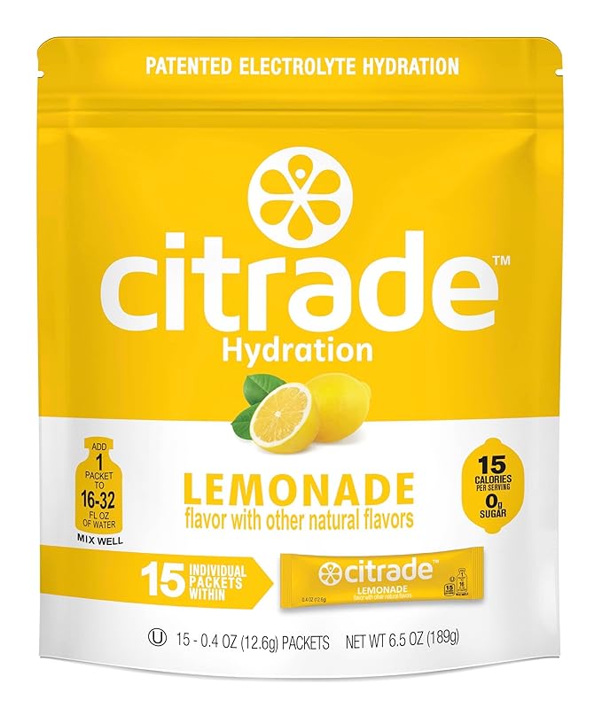 Citrade Hydration Electrolyte Powder Sticks, No Added Sugar, Gluten Free, Keto Electrolytes Drink Mix with Magnesium & Potassium, Single Serve Travel Packets for Water Bottle, 15 Packs, Lemonade
