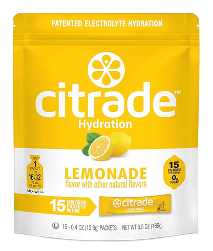 Citrade Hydration Electrolyte Powder Sticks, No Added Sugar, Gluten Free, Keto Electrolytes Drink Mix with Magnesium & Potassium, Single Serve Travel Packets for Water Bottle, 15 Packs, Lemonade