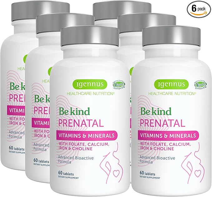 Methylated Prenatal Multivitamin, Folate for MTHFR, High Absorption, Clean Label, Gentle Iron, Choline, Natural Calcium & Magnesium, Vegan Vitamins for Pregnancy, 6 x 60 Tablets, by Igennus