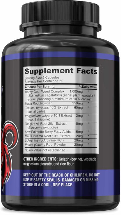 Horny Goat Weed Extra Strength -120 Capsules w. Maca, L-Arginine, Ginseng - Boost Desire, Performance, Stamina, Energy, Non-GMO Formula, 120 Capsules