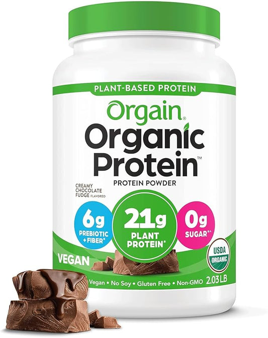 Orgain Organic Vegan Protein Powder, Creamy Chocolate Fudge - 21g Plant Protein, 7g Prebiotic Fiber, Low Net Carb, No Lactose Ingredients, No Added Sugar, Non-GMO, For Shakes & Smoothies, 2.03 lb