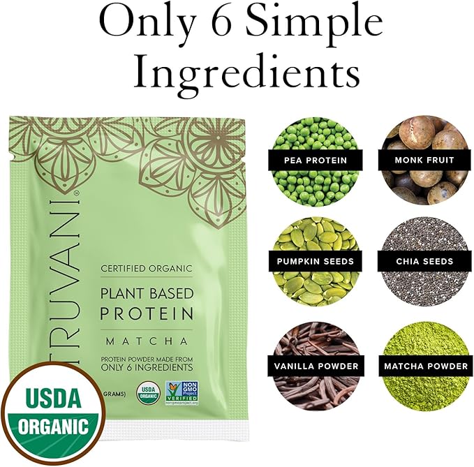 Truvani Vegan Pea Protein Powder | Matcha | 20g Organic Plant Based Protein | 10 Travel Packets | Keto | Gluten & Dairy Free | Low Carb | No Added Sugar