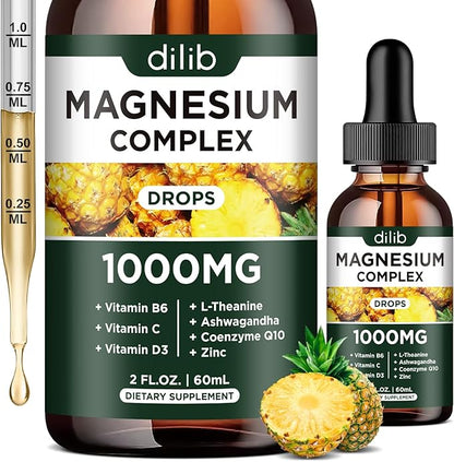 Triple Magnesium Complex Supplement, Magnesium Glycinate, threonate, Citrate Liquid Drops 1000mg with Ashwagandha, CoQ10, Vitamin B6, C, D, Zinc - Vegan Pineapple Flavor