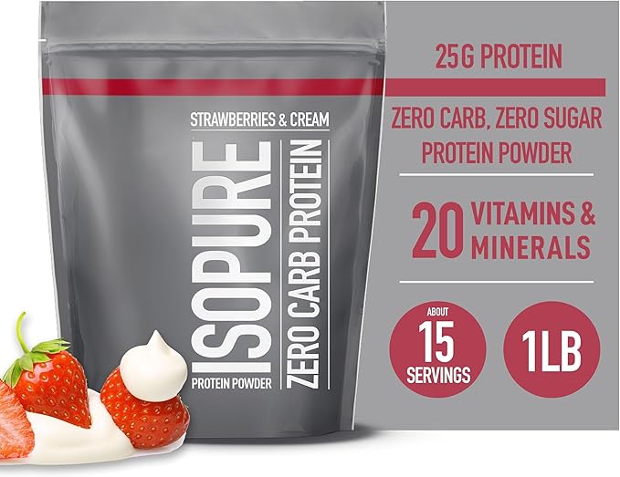 Isopure Protein Powder, Zero Carb Whey Isolate, Gluten Free, Lactose Free, 25g Protein, Keto Friendly, Strawberries & Cream, 15 Servings, 1 Pound (Packaging May Vary)