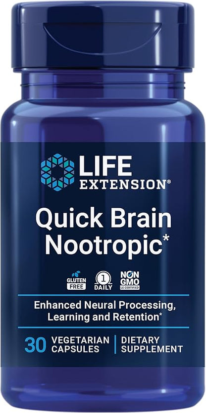 Life Extension Quick Brain Nootropic, 30 vegetarian capsules—Enhanced brain performance, learning and retention, brain supplement- 1-Daily, gluten-free, non-GMO