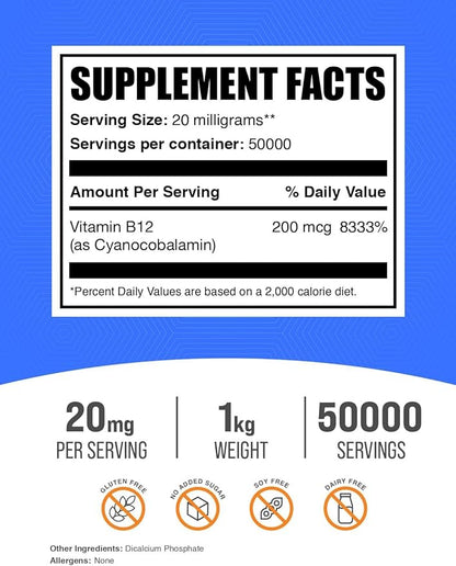 BulkSupplements.com Vitamin B12 Powder - as Cyanocobalamin, Vitamin B Supplement, Vitamin B12 200 mcg - Essential Vitamin, Gluten Free, 20mg per Serving, 1kg (2.2 lbs) (Pack of 1)