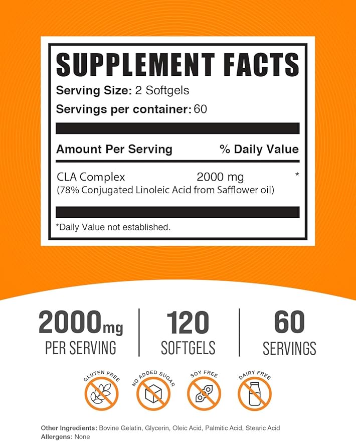 BulkSupplements.com CLA Softgels - Conjugated Linoleic Acid, CLA Supplements, CLA 2000mg - Gluten Free, 2 Softgels per Serving - 60-Day Supply, 120 Softgels (Pack of 1)