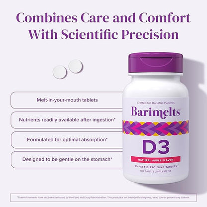 BariMelts Vitamin D3 5000 IU - 90 Fast-Dissolving Tablets (3-Month Supply) - Bariatric Vitamins for Women, Natural Apple Flavor