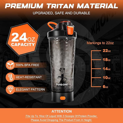 Electric Protein Shaker Bottle, Lockable Electric Blender Cup, 24oz Tritan USB Rechargeable Mixer, Portable Blender Shaker Cups for Protein Shakes for Men Women, Black and Orange