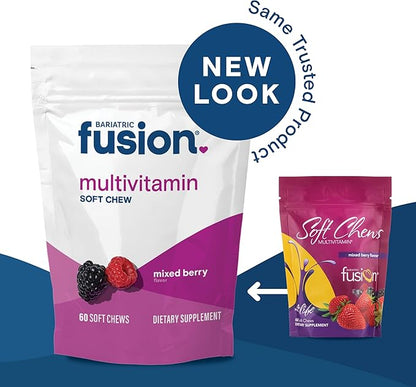 Bariatric Fusion Bariatric Multivitamin Soft Chew | Mixed Berry Fruit Flavor Chewy | Sugar Free Chewable Multivitamin Post Bariatric Surgery | Gastric Bypass and Sleeve | 60 Count | 1 Month Supply