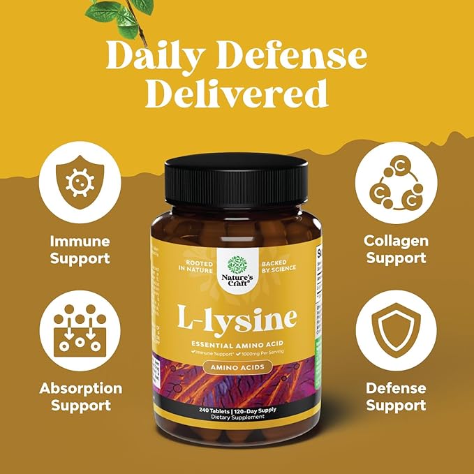 L Lysine 1000mg per serving Nutritional Supplements - L-lysine Essential Amino Acids for Eye Health Lip Care Bone Support Immune System Support Muscle Growth and Vegetarian Collagen - 240 Tablets