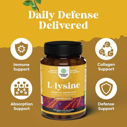 L Lysine 1000mg per serving Nutritional Supplements - L-lysine Essential Amino Acids for Eye Health Lip Care Bone Support Immune System Support Muscle Growth and Vegetarian Collagen - 240 Tablets