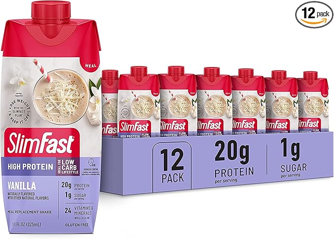 SlimFast Protein Shake, Vanilla- 20g Protein, Meal Replacement Shake Ready to Drink, High Protein with Low Carb and Low Sugar, 24 Vitamins and Minerals, 12 Count (Pack of 1) (Packaging May Vary)