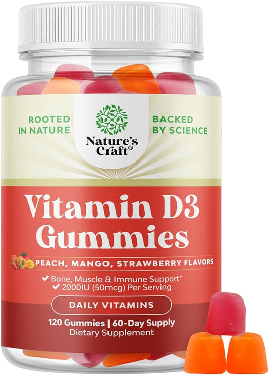 Vitamin D3 Gummies for Daily Wellness - Delicious Vitamin D Gummies for Adults with Vitamin D3 2000IU per Serving for Bone Muscle & Immune Support - Non-GMO Gelatin & Gluten Free (60 Day Supply)