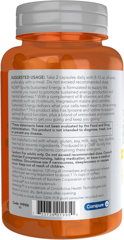 NOW Foods Sports, Sustained Energy Energy Production* Mental Alertness* Sustained Release Caffeine with B Vitamins 90 Veg Capsules