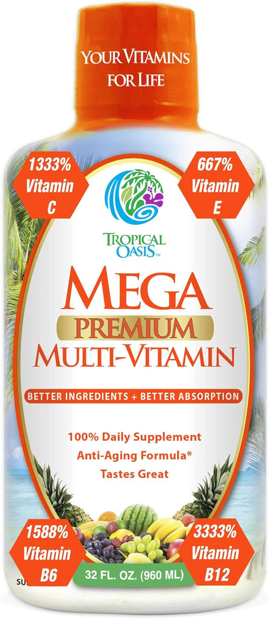 Mega Premium Liquid Multivitamin | Natural Immune Support Vitamin w/ 1333% Vitamin C, 200% D3, Zinc + 20 Vitamins, 70 Minerals, & 21 Amino Acids | Sugar Free | Orange Flavor | 98% Absorption | 32 Serv