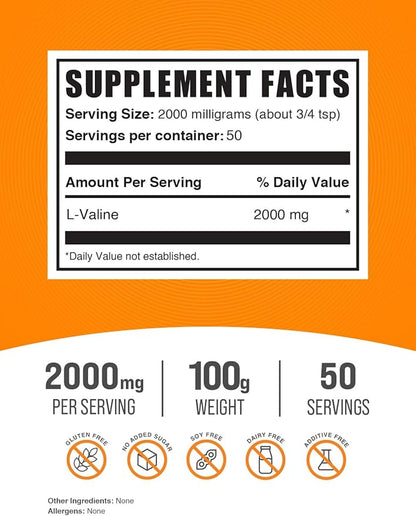 BulkSupplements.com L-Valine Powder - Valine Supplement, Valine Amino Acids - BCAA Supplement, L-Valine 2000mg - Gluten Free, 2000mg per Serving, 100g (3.5 oz) (Pack of 1)