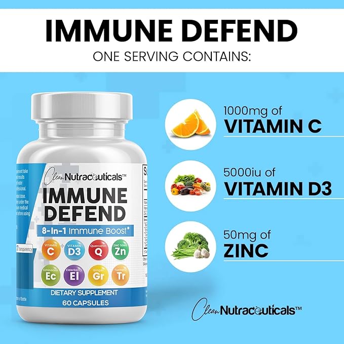 Immune Defense Support Supplement 8 in 1 w/ Zinc 50mg Quercetin, Vit C 1000mg, Vitamin D3 5000 IU, Elderberry, Turmeric Curcumin, Ginger, Echinacea - Immunity System Booster Adults Vegan - 60Ct