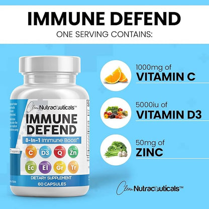 Immune Defense Support Supplement 8 in 1 w/ Zinc 50mg Quercetin, Vit C 1000mg, Vitamin D3 5000 IU, Elderberry, Turmeric Curcumin, Ginger, Echinacea - Immunity System Booster Adults Vegan - 60Ct