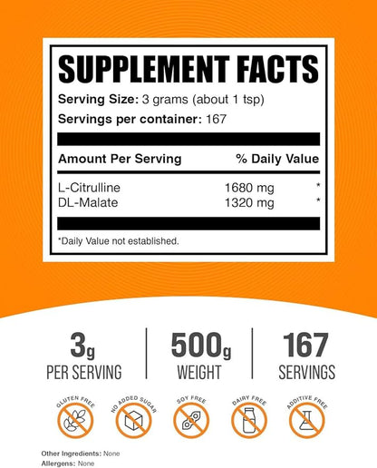 BulkSupplements.com L-Citrulline Malate 1:1 Powder - Citrulline Malate Powder, Citrulline Supplement - Unflavored & Gluten Free - 3g per Servings, 500g (1.1 lbs) (Pack of 1)