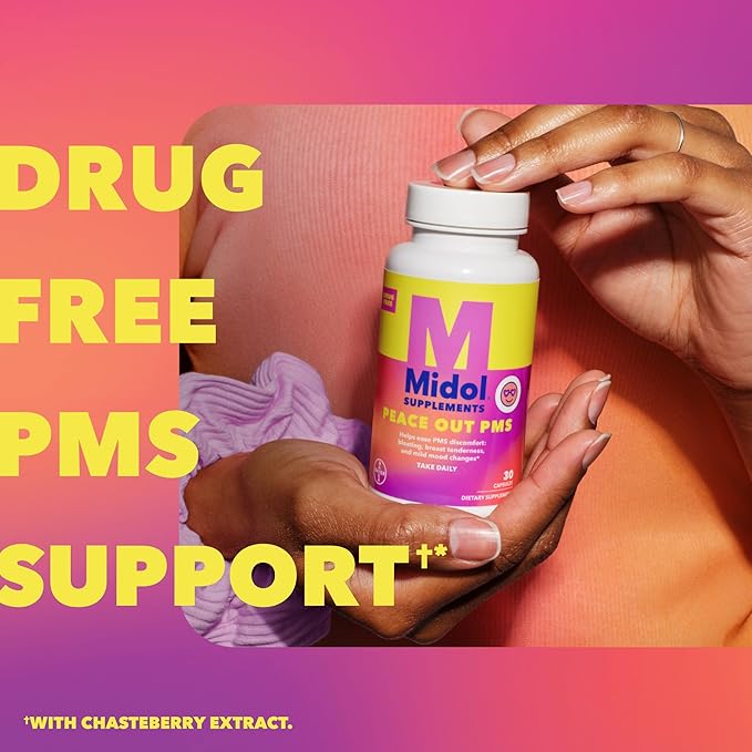MIDOL Supplements Peace Out PMS, PMS Support Supplement, Formulated with Chasteberry to Help Ease Breast Tenderness & Mild Mood Changes, Also with Ginger Powder & Valerian Extract, 30 Count