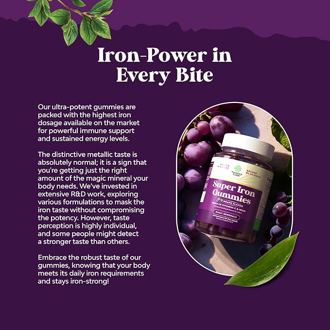 Extra Strength Iron Gummies for Women and Men - Potent 45mg per Serving Chewable Iron Supplement for Women & Men with Vitamin C for Higher Absorption - Vegan Daily Iron Gummy for Adults (60 Servings)