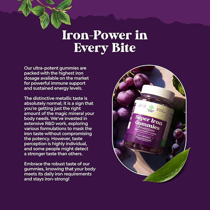 Extra Strength Iron Gummies for Women and Men - Potent 45mg per Serving Chewable Iron Supplement for Women and Men with Vitamin C for Higher Absorption - Vegan Daily Iron Gummy No Artificial Flavors