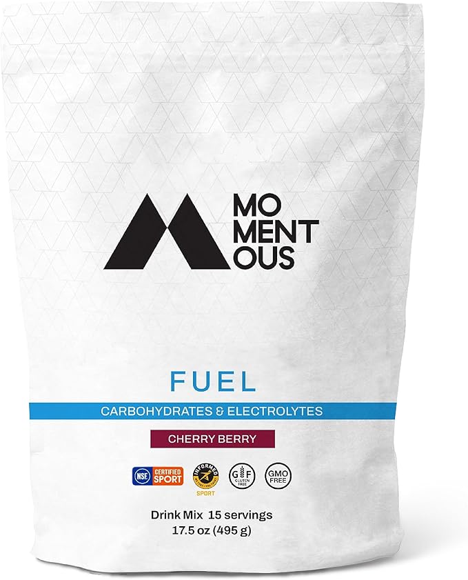 Momentous Fuel Intra-Workout Carbs & Electrolyte Drink Mix - Hydration Powder for Sustained Energy During Workouts - NSF Certified, GMO-Free, Gluten Free - 15 Servings, Cherry Berry
