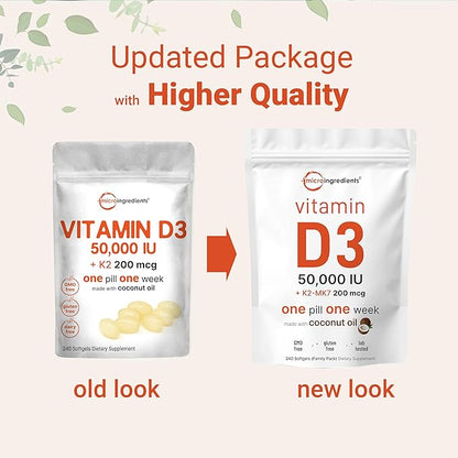 Micro Ingredients Vitamin D3 50,000 IU Plus K2 (MK-7) 200 mcg, 240 Virgin Coconut Oil Softgels | 2 in 1 Vitamins D & K Complex | Supports Calcium Absorption, Bone, Immune, & Heart Health