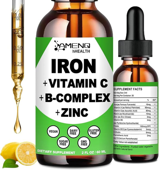 Iron Supplement for Women, Men & Kids, Liquid High Potency Iron w. Vitamin C, B12, B-Complex, Blood Builder Iron Supplement for Anemia, Fatigue, Red Blood Cell Support, Vegan Iron Drops, Gentle