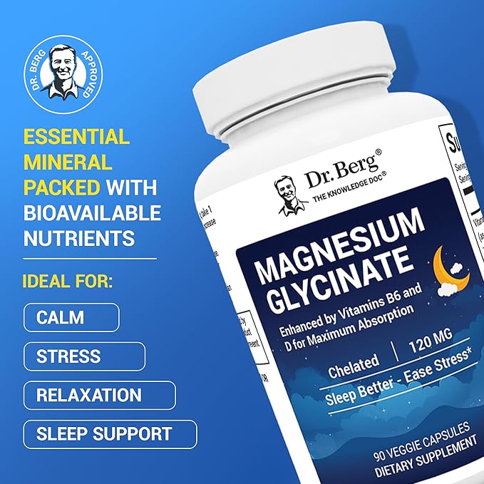 Dr. Berg Magnesium Glycinate with Vitamin D & B6 for Stress Relief, Calm, Relaxation, & Good Sleep* - 120 mg Magnesium Bisglycinate Capsules - High Absorption Chelated Magnesium Glycinate - 90 Caps
