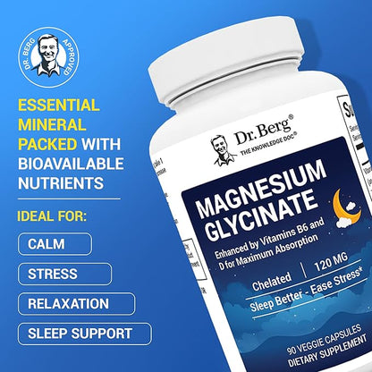 Dr. Berg Magnesium Glycinate with Vitamin D & B6 for Stress Relief, Calm, Relaxation, & Good Sleep* - 120 mg Magnesium Bisglycinate Capsules - High Absorption Chelated Magnesium Glycinate - 90 Caps