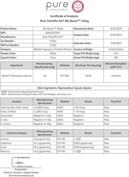 Pure TheraPro Rx Bio Boron 10mg, 3 Months Supply - Bororganic Glycine Boron for Men & Women - Premium Formula for Bone Health, Joint Flexibility, Cardiovascular Function & Immunity Support