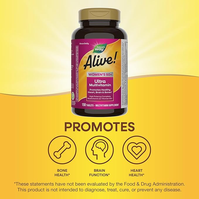 Nature’s Way Alive! Women’s 50+ Ultra Potency Complete Multivitamin, High Potency Formula, Promotes Healthy Heart, Brain, Bones*, with Methylated B12, Gluten-Free, 150 Tablets (Packaging May Vary)